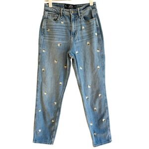 Hollister Co. Ultra High-Rise Mom Denim Jeans Embroidered white roses 26W27L